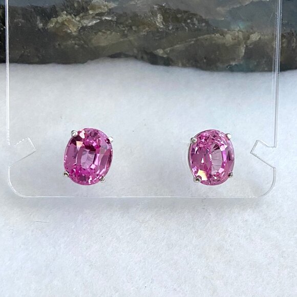 Sterling Silver 925 Oval Faceted Prong Set Pink Ruby Stud Earrings - Picture 3 of 16